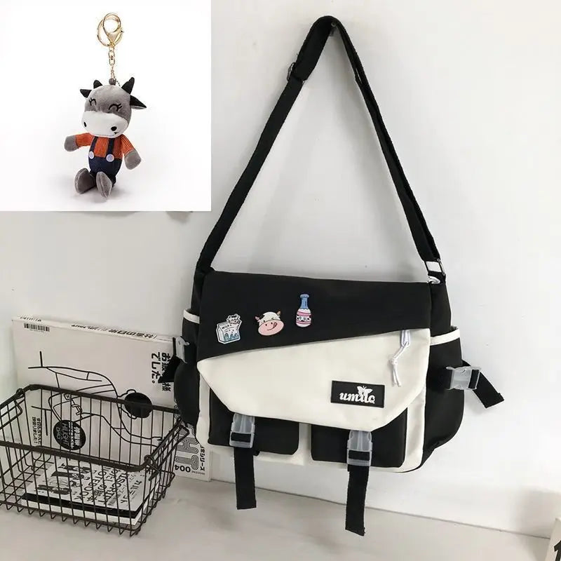Harajuku Nylon Messenger Bag with Cute Badge Pins – Large Capacity