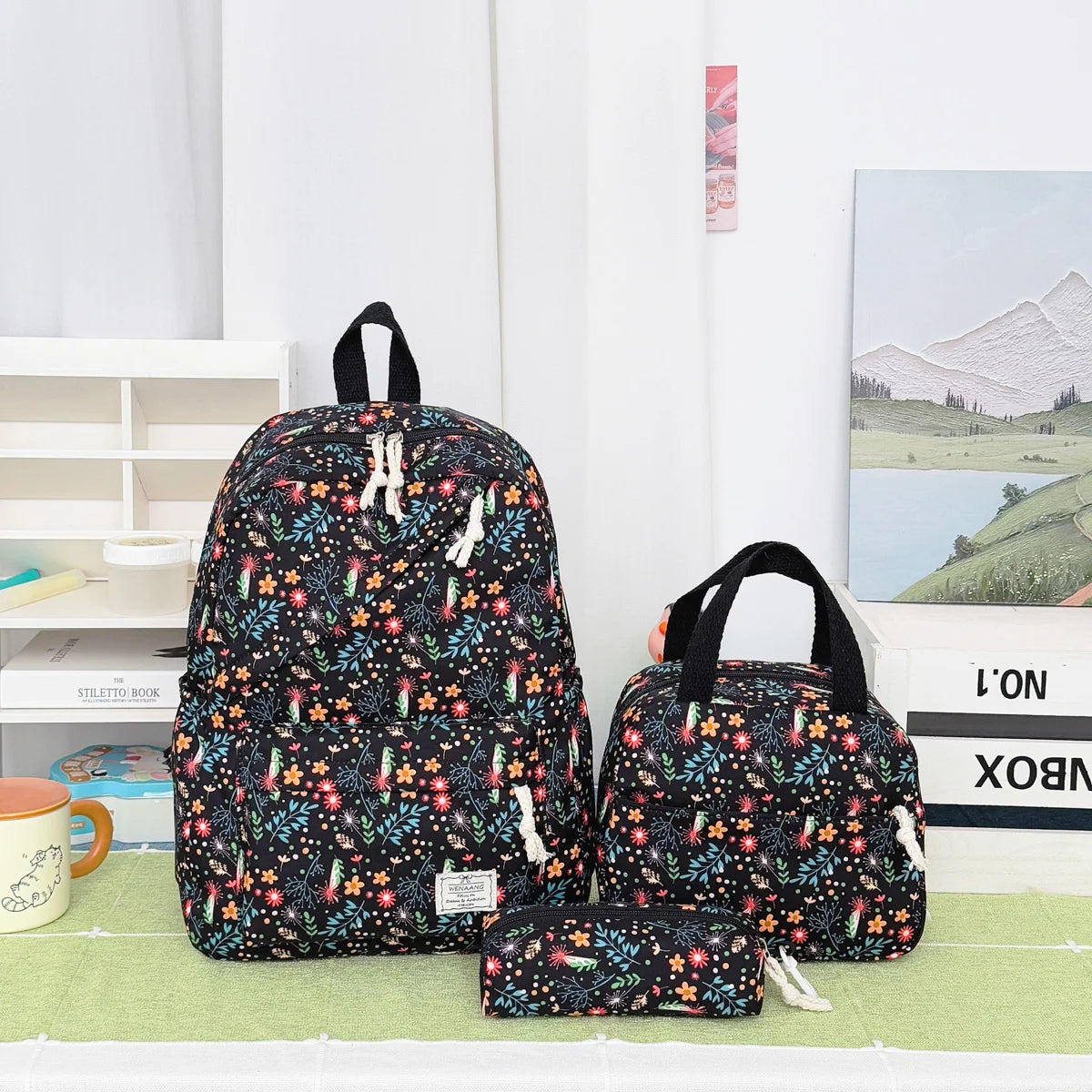 Fresh Lovely Floral Teen Backpack Set Multi-Purpose Large Storage Diagonal Zipper 3-Piece Backpack