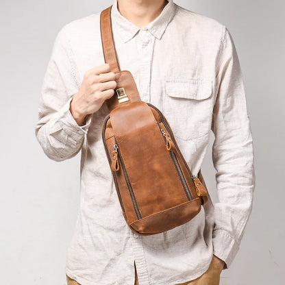 Retro Men S Genuine Leather Chest Bag Crazy Horse Leather Sports Crossbody Backpack