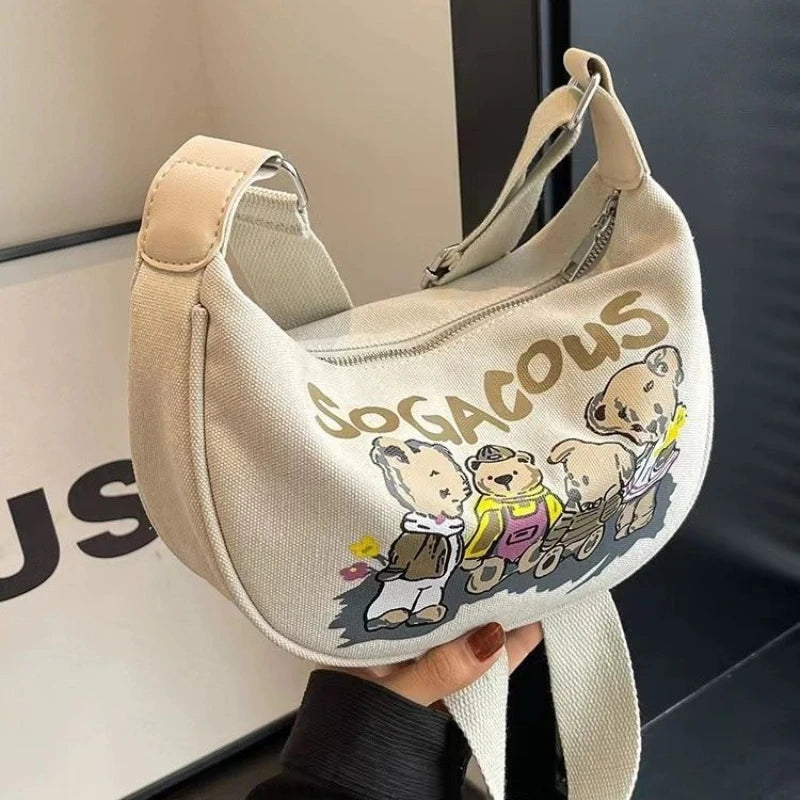 Crossbody Bag Girls Trendy Cartoon Teddy Bear Saddle Bag Large Capacity Fashionable Canvas Dumpling