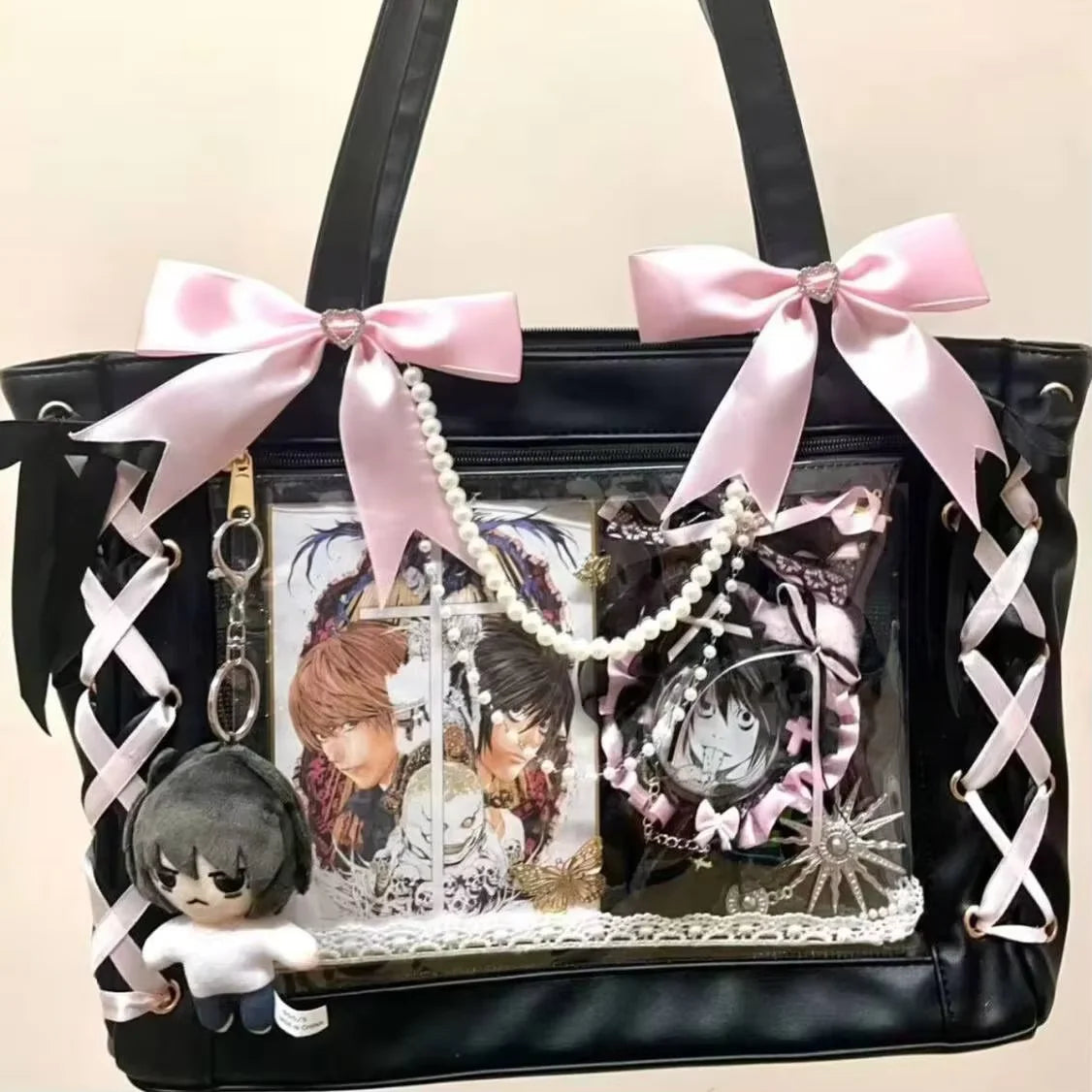 Japanese Sweet Women Ribbon Ita Bag Cute Lolita Girl Transparent Handbags Large Capacity Tote