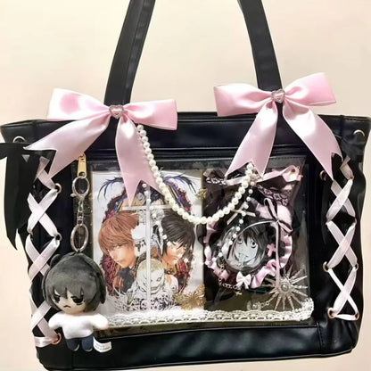 Japanese Sweet Women Ribbon Ita Bag Cute Lolita Girl Transparent Handbags Large Capacity Tote