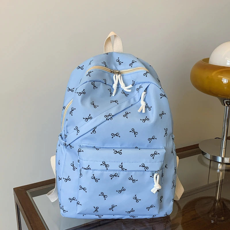 Fashionable Cute Backpack Bow Print Bookbag Laptop Protection Adjustable Straps Back School Season