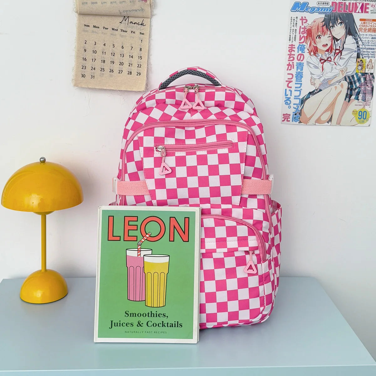 Retro Trendy Checkerboard Patterned Large Capacity Student Backpack Nylon Lightweight Casual Campus