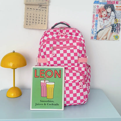 Retro Trendy Checkerboard Patterned Large Capacity Student Backpack Nylon Lightweight Casual Campus