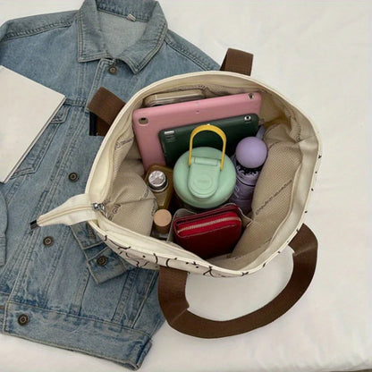 Bear Print Canvas Tote Bag – Cute Cartoon Shoulder Bag for Women