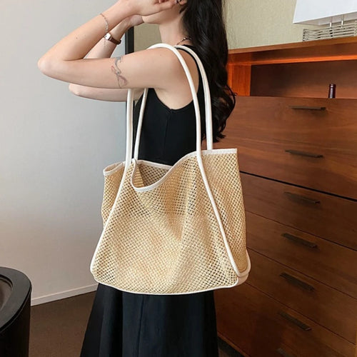 Women Summer Straw Woven Tote Bag Small Pouch Pu Trim Large Capacity Shoulder Handbags