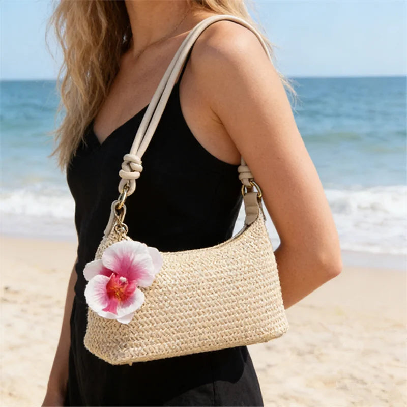 Straw Woven Tote Bag – Summer Shoulder Bag with Flower Pendant for Women