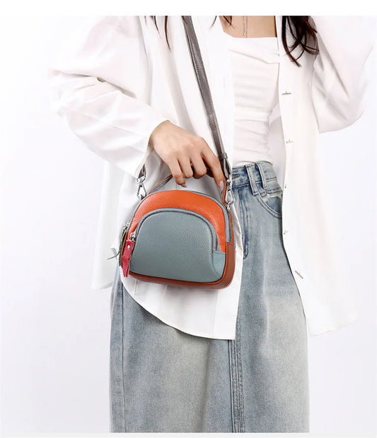 Women S Color Contrast Senior Handbag Head Layer Cowhine Large Capacity Shoulder Multi-Function