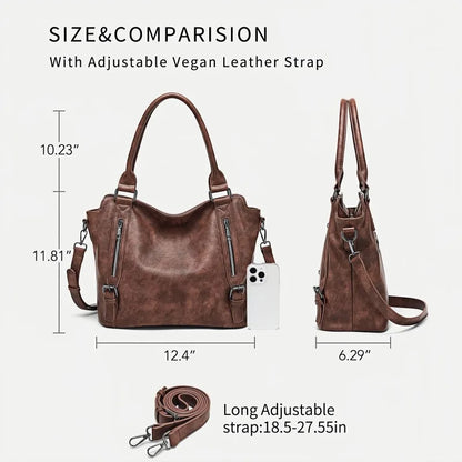 Faux Leather Tote Bag – Multi-Zipper Shoulder Handbag for Women
