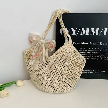 Summer Beach Tote Shoulder Bag Straw Weav Handbag Large Capacity Vacation Weaving Hollow Bags Women