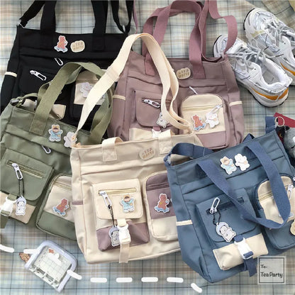 Canvas Crossbody Tote Bag for Women & Teen Girls with Badge Pins