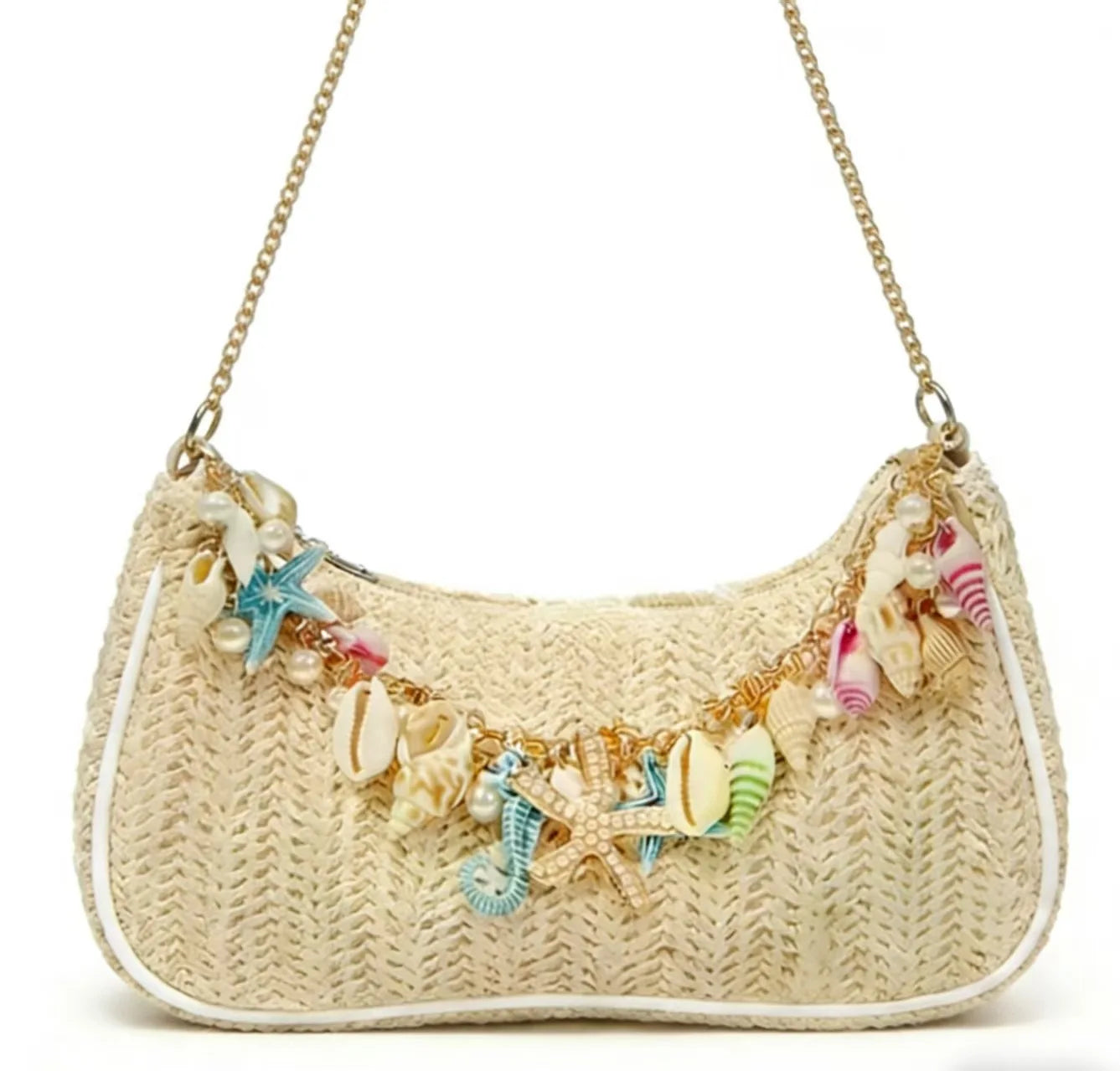 Straw Shoulder Bag with Ocean Shell & Starfish Charms