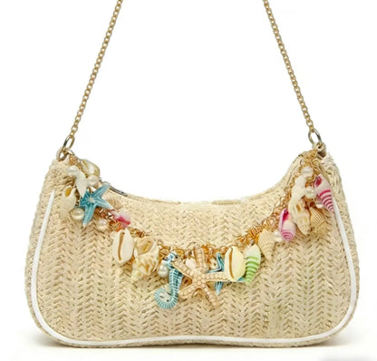 Straw Shoulder Bag with Ocean Shell & Starfish Charms