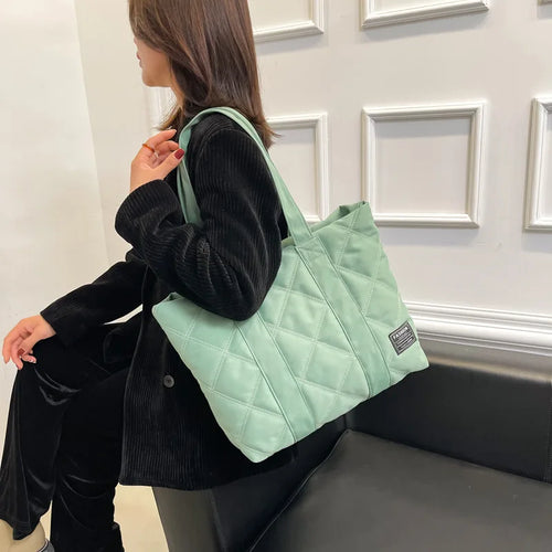 Large Quilted Nylon Tote Bag – Lightweight Women's Shoulder Handbag