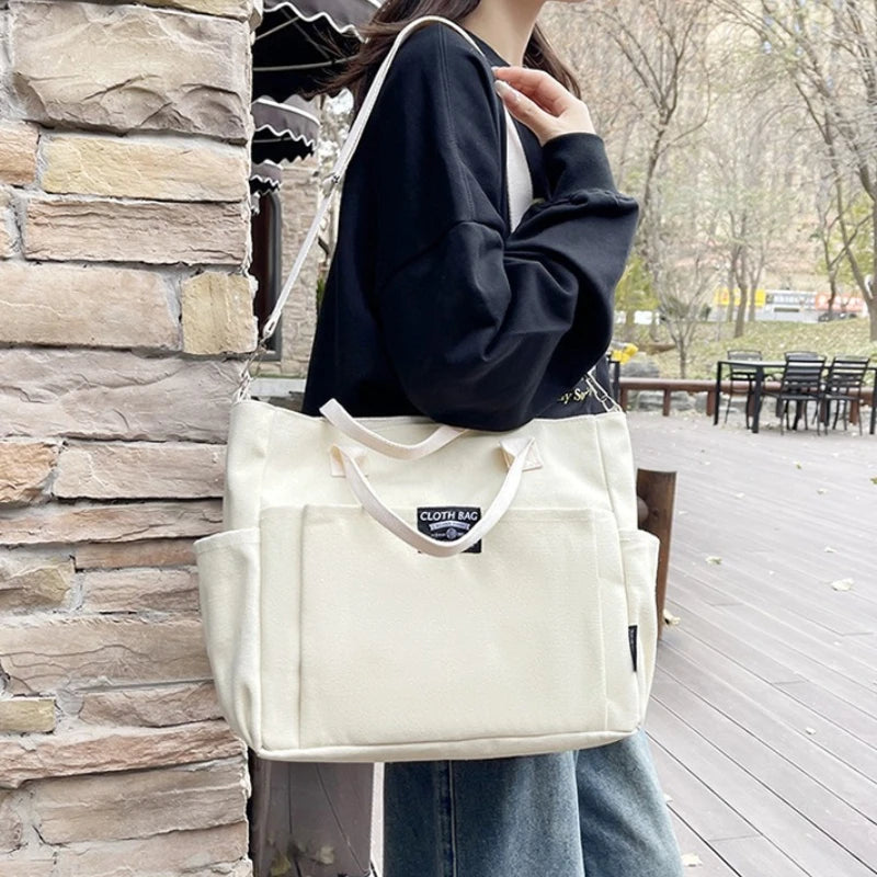 Canvas Tote Bag with Top Handles & Detachable Crossbody Strap