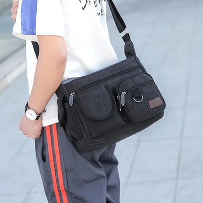 Men's Vintage Canvas Crossbody Bag – Multi-Pocket Messenger Shoulder Bag