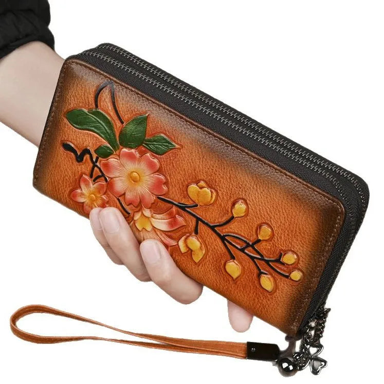 Vegetable-Tanned Leather Genuine Ladies Wallet Double Zipper