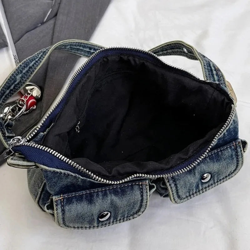 Washed Denim Shoulder Bag Y2K Style with Balloon Dog Charm