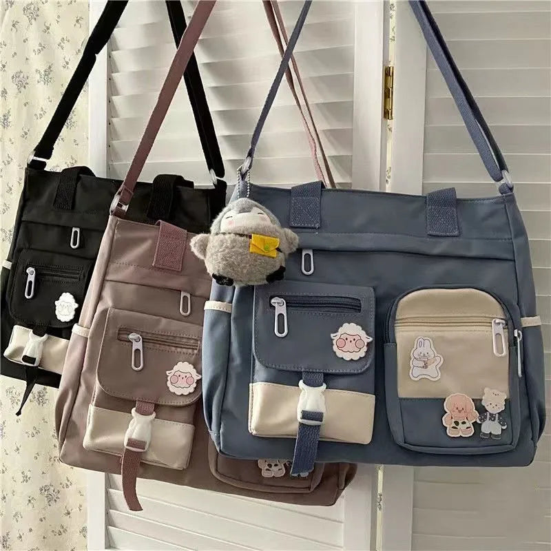 Canvas Crossbody Tote Bag for Women & Teen Girls with Badge Pins