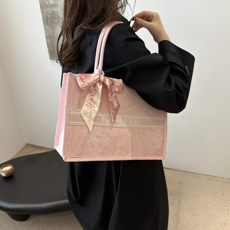 Stylish Jacquard Tote Bag Large Capacity Top Handle Bags Purse Silk Scarf Accent Women S Everyday