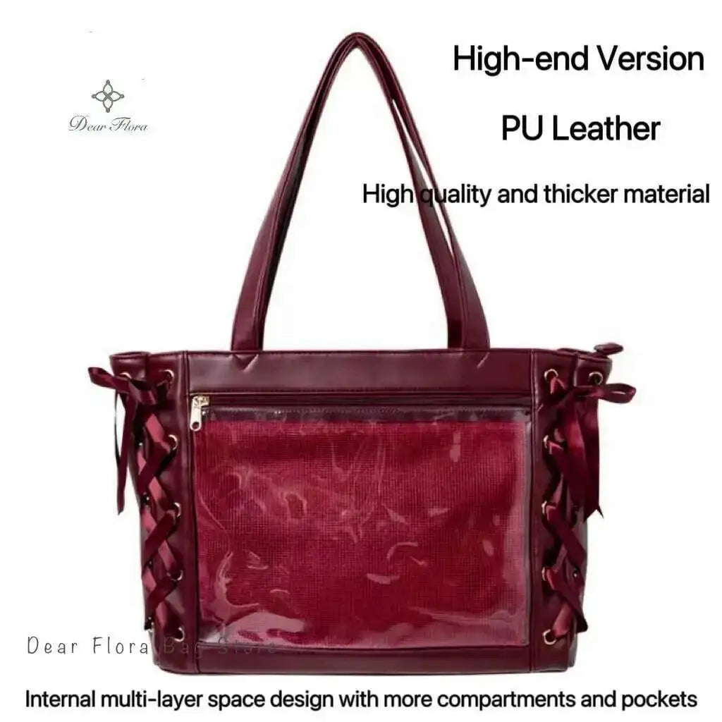 Japanese Sweet Women Ribbon Ita Bag Cute Lolita Girl Transparent Handbags Large Capacity Tote