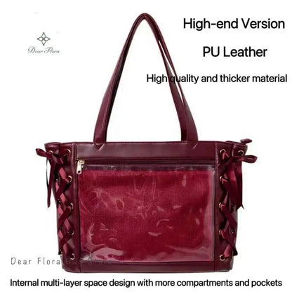 Japanese Sweet Women Ribbon Ita Bag Cute Lolita Girl Transparent Handbags Large Capacity Tote