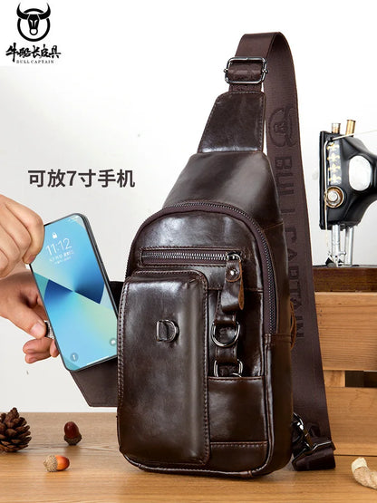 Men S Genuine Leather Chest Bag Soft Top Layer Cowhide Lock Mobile Phone Storage Chain
