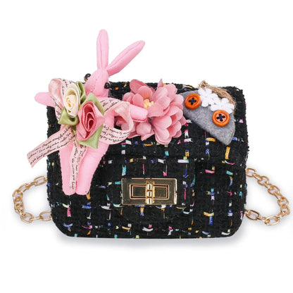 Cute Kids Floral Tweed Shoulder Crossbody Bags Pearl Flower Decor Chic Clutch Bag Mini Chain Purse