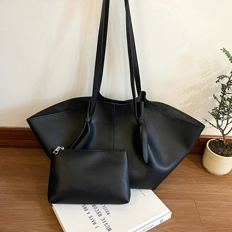 Retro Minimalist Women Shoulder Bag Pouch Soft Pu Leather Tote Large Capacity Handbag Daily Commute