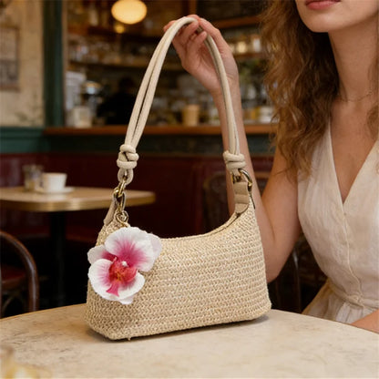 Straw Woven Tote Bag – Summer Shoulder Bag with Flower Pendant for Women