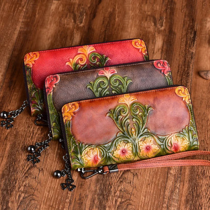 Women S Purse Cowhine Retro Embossed Handmade Large Capacity Multi-Functional Long Hand