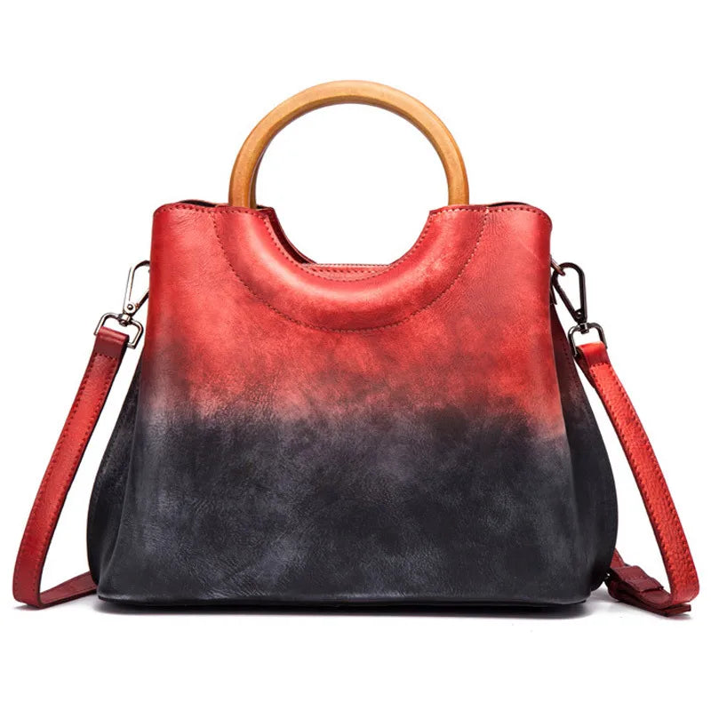 Vegetable-Tanned Genuine Leather Women S Bag Hand-Painted Retro Color-Blocking Hand-Held Crossbody