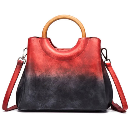 Vegetable-Tanned Genuine Leather Women S Bag Hand-Painted Retro Color-Blocking Hand-Held Crossbody