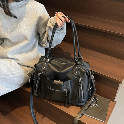 Leather Tote Bag with Tassel – Zipper Crossbody Handbag