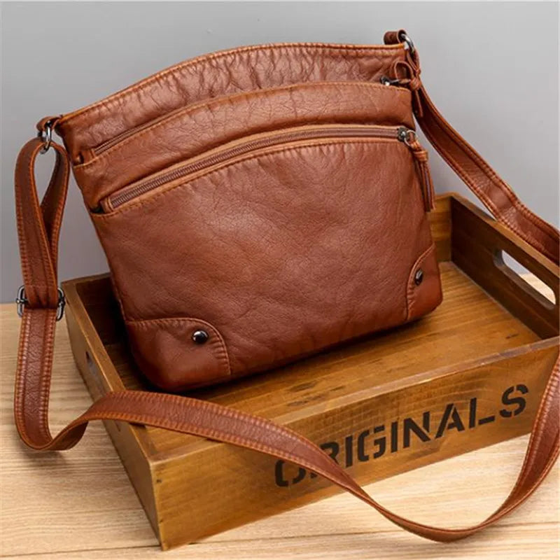 Soft Leather Crossbody Bag – Multi-Pocket Shoulder Messenger Purse