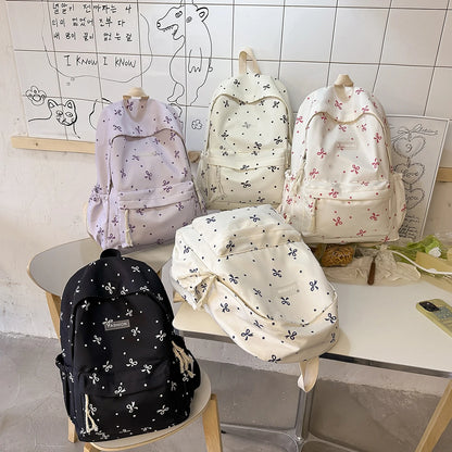 Women S Backpack - Bow Dot Print Nylon School Bag Adjustable Straps Multiple Compartments College