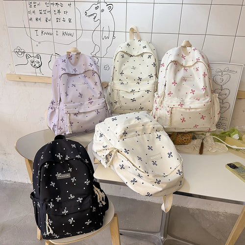 Women S Backpack - Bow Dot Print Nylon School Bag Adjustable Straps Multiple Compartments College