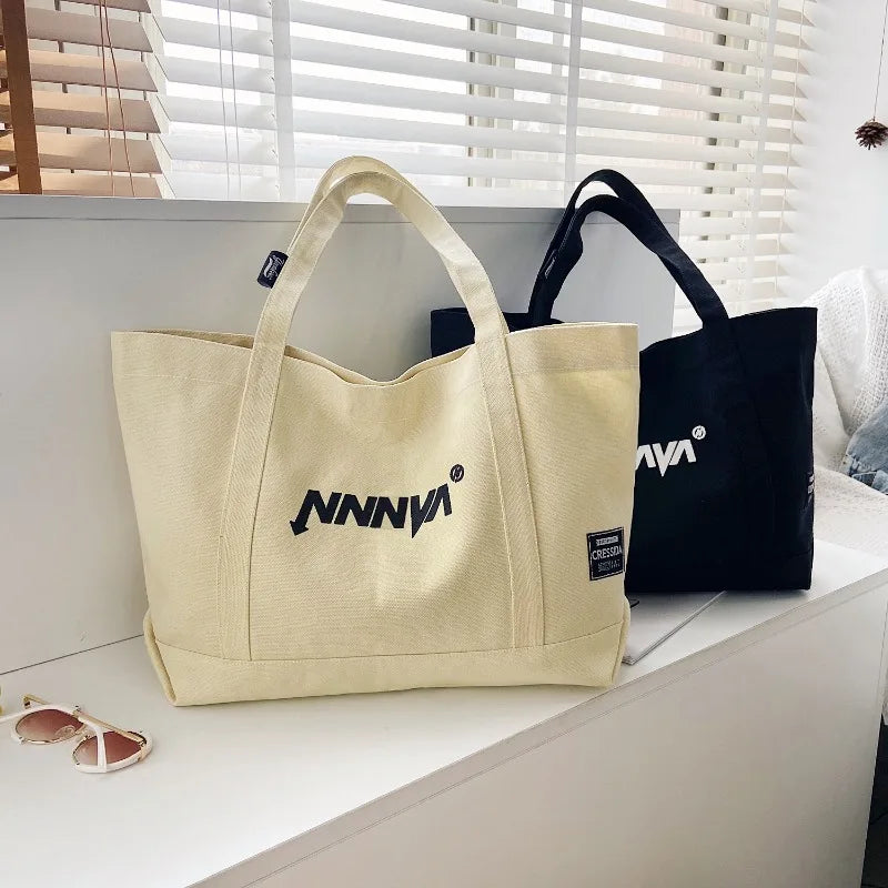 Large Canvas Tote Bag with Letter Print – Oversized Shoulder Bag
