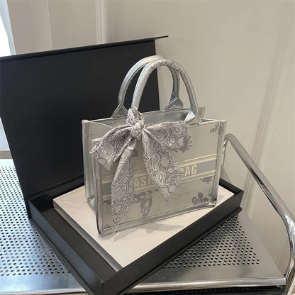 Chic Embroidered Handbag Silk Scarf Bow Women Tote Bag Pu Leather Letter Underarm Commute Shopping