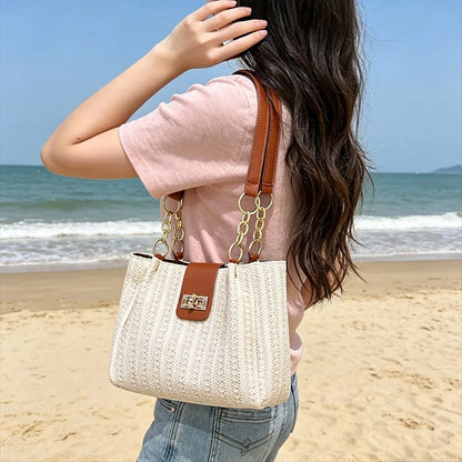 Stylish Straw Leather Tote Bag Gold Chain Grass Woven Women S Handbag Shoulder Bags Beach Days