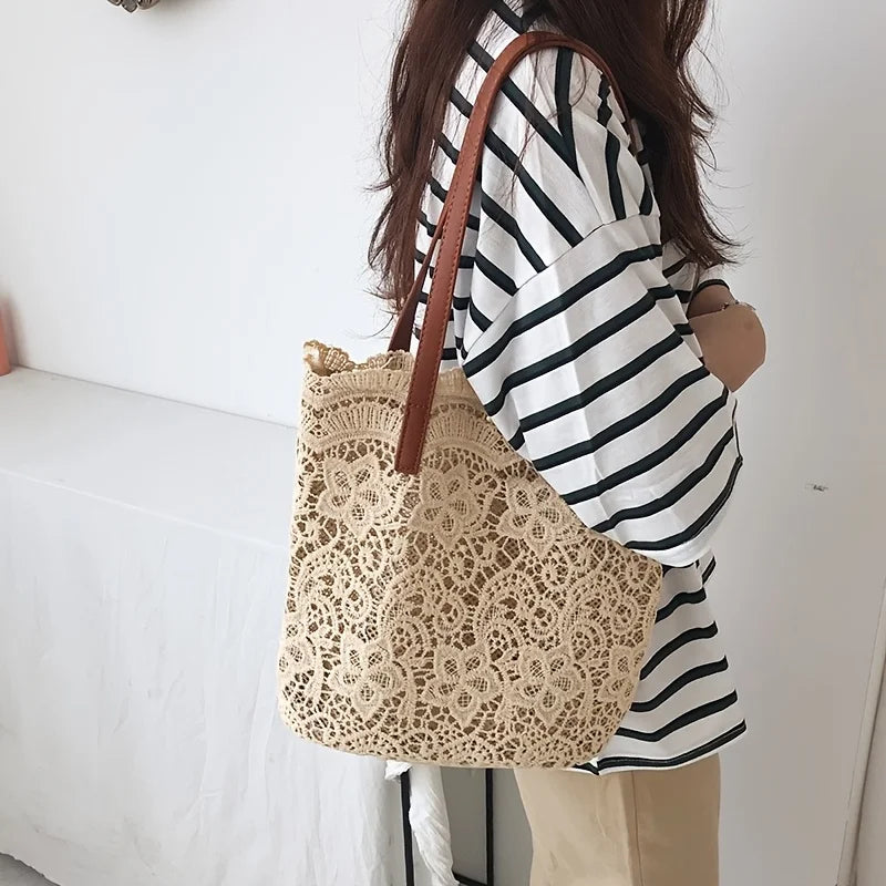 Floral Lace Tote Bag with Leather Handles & Magnetic Closure