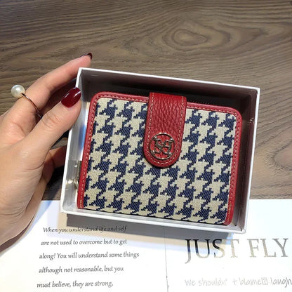 Purse Women Short Leather Niche Design Thousand Bird Lattice Lady Folding Organ Card Documents Clip