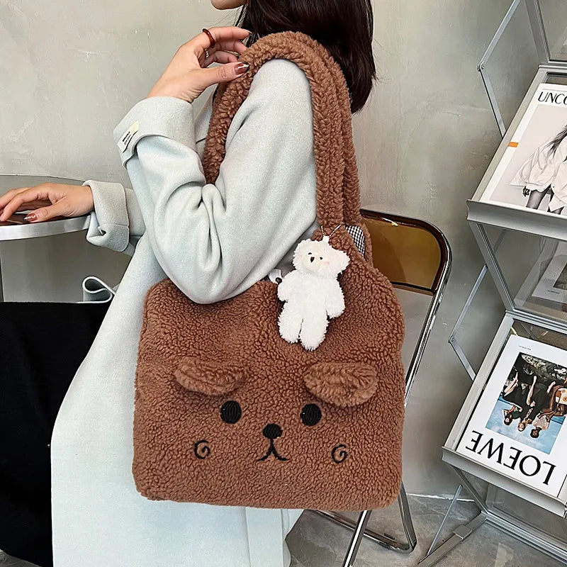 Fluffy Bear Tote Bag Women Cute Plush Shoulder Bag Large Capacity
