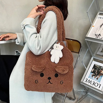 Fluffy Bear Tote Bag Women Cute Plush Shoulder Bag Large Capacity