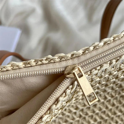 Summer Beach Handbag Shoulder Bag Women Bohemian Woven Straw Tote Bags Leather Handles