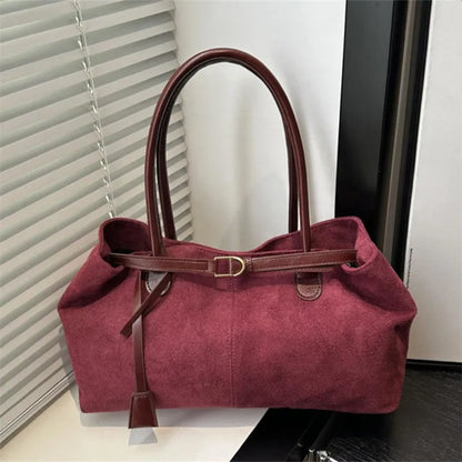 Large Capacity Vintage Faux Suede Shoulder Handbag for Women