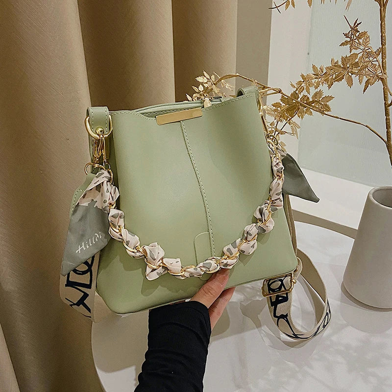 Women Bucket Bag Solid Color Pu Silk Scarf Chain Handbag Large Capacity Adjustable Strap Crossbody