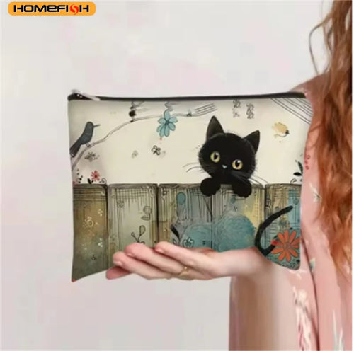 1 Homefish Vibrant Black Cat Floral Zipper Cosmetic Bag