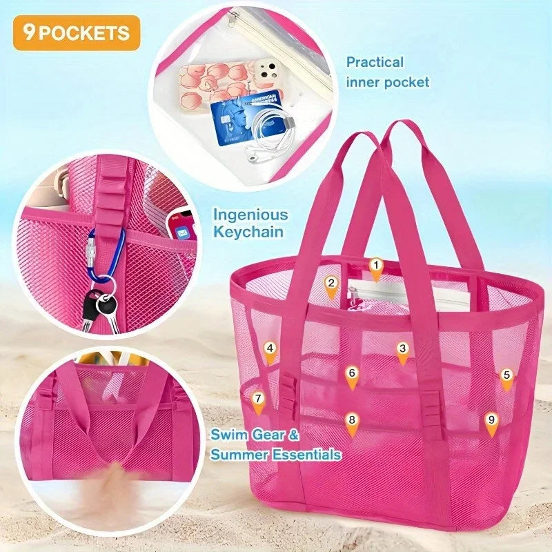 Large Mesh Beach Tote Bag – Sandproof with Multiple Pockets